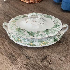 Antique Alfred Meakin England Raleigh Green Gold Covered Soup  Serving Dish